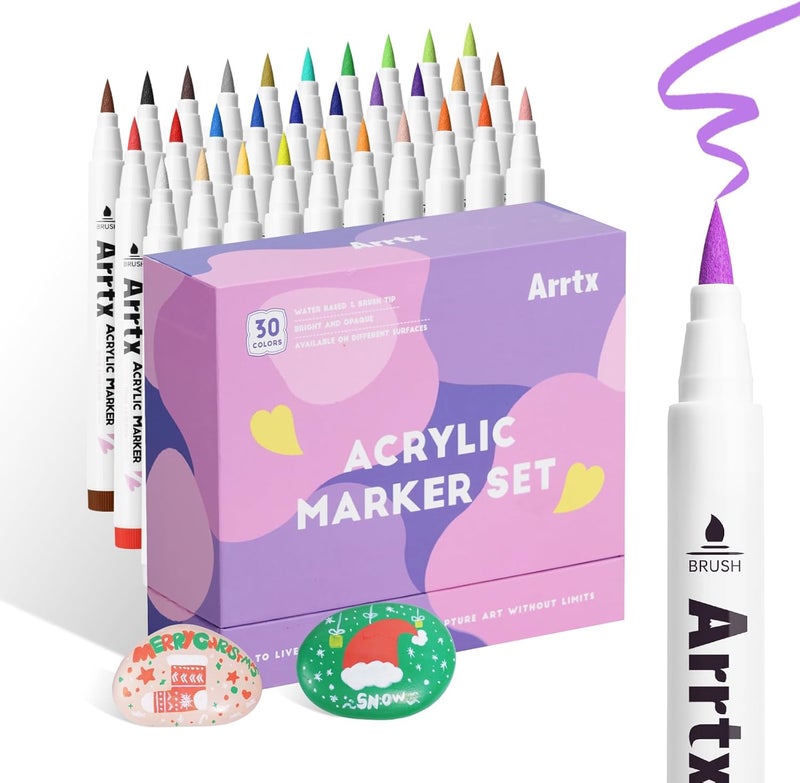 Arrtx 30 Colors Acrylic Paint Pens for Rock Painting, Extra Brush Tip, Water Based Paint Markers for Stone, Glass, Easter Egg, Wood and Fabric Painting-No Toxic,No Odor 30B - Image 1